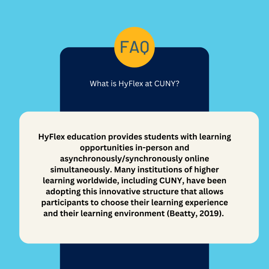 Faq infographic.
What is Hyflex at CUNY? HyFlex education provides students with learning opportunities in-person and asynchronously/synchronously online simultaneously. Many institutions of higher learning worldwide, including CUNY, have been adopting this innovative structure that allows participants to choose their learning experience and their learning environment (Beatty, 2019).